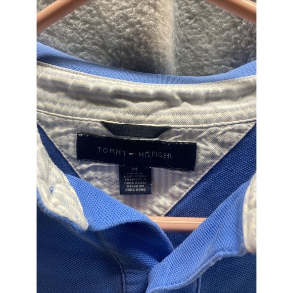 TOMMY HILFIGER Men M Solid Blue POLO SHIRT 1/4 Button Collared Logo Breathable - Picture 2 of 5